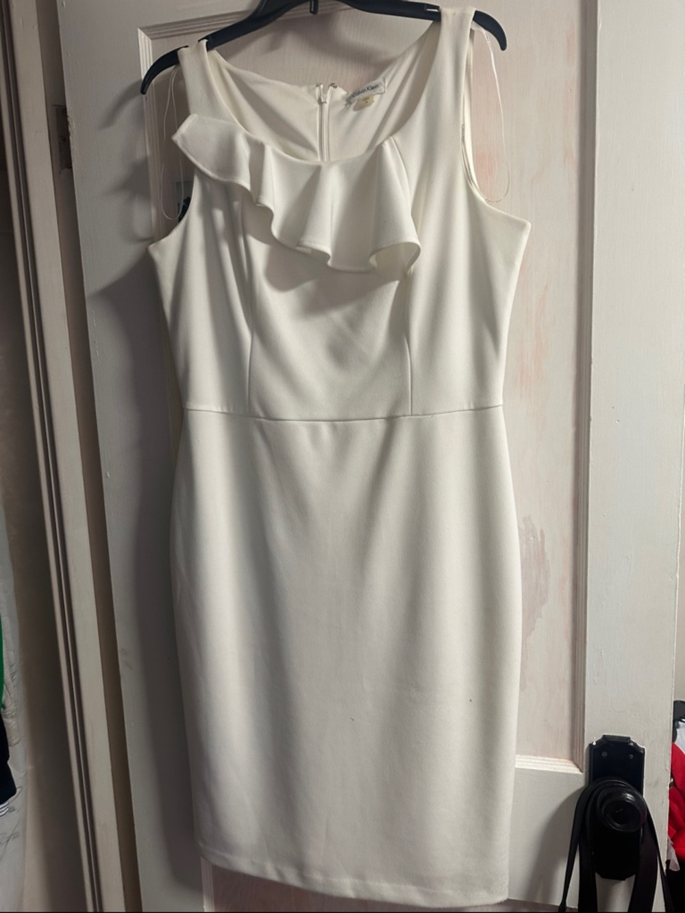 Calvin Klein Ivory Ruffle-Neck Midi Dress